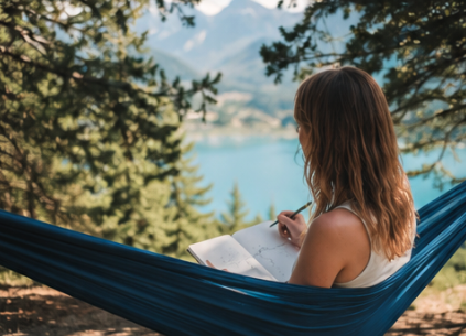 Clémence dessinant dans un hamac au-dessus du Lac de Serre-Ponçon